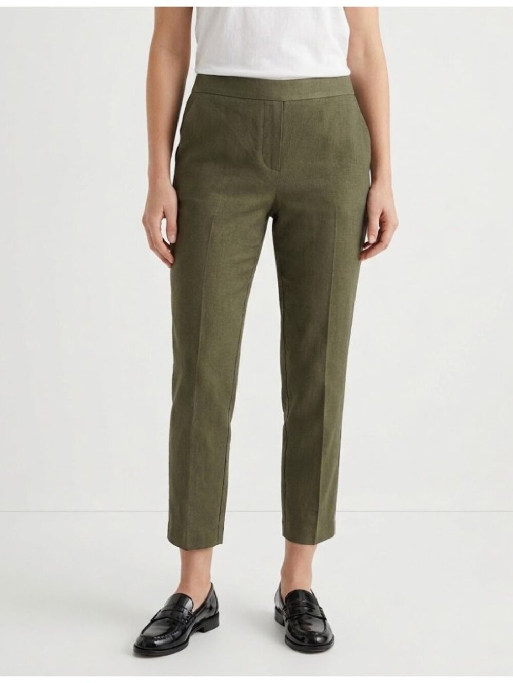 NWT Theory Treeca Pull On in Dark Olive Eco Crunch Linen Stretch Crop Pants 6